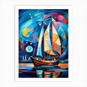 Sailing Boat at Night, Avant Garde Vibrant Colorful Painting in Cubism Picasso Style Art Print