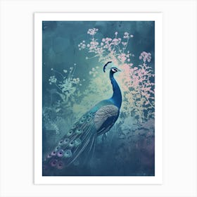 Turquoise Vintage Peacock With White Wild Flowers Art Print