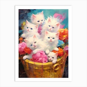 White Kittens In A Basket Kitsch 3 Art Print