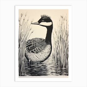 B&W Bird Linocut Grebe 3 Art Print
