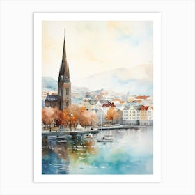 Reykjavik Iceland In Autumn Fall, Watercolour 2 Art Print