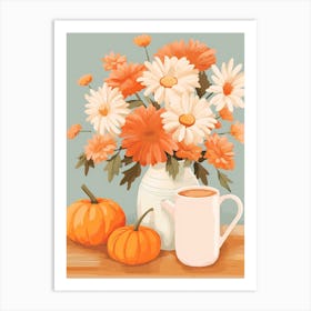 Pitcher With Sunflowers, Atumn Fall Daisies And Pumpkin Latte Cute Illustration 3 Art Print