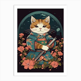 Cute Samurai Cat In The Style Of William Morris 1 Art Print