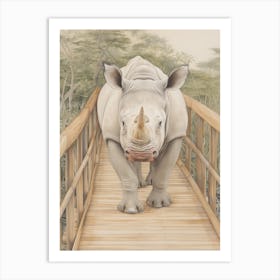 Rhino Walking Across A Wooden Bridge Illustration 1 Art Print
