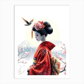 Geisha With A Brid By Blossom Trees Art Print