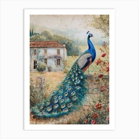 Peacock By The Castle Watercolour 1 Art Print