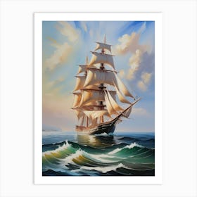 Sailing ship on the sea, oil painting 6 Art Print