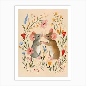 Folksy Floral Animal Drawing Mouse Art Print