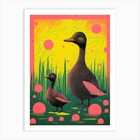 Linocut Inspired Ducks With The Cattails Art Print