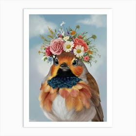 Bird With A Flower Crown European Robin 1 Art Print