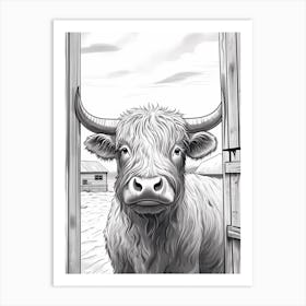 Linework Illustration Of Highland Cow Peeking In The Barn Art Print