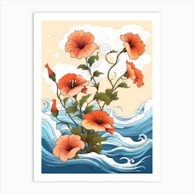 Great Wave With Morning Glory Flower Drawing In The Style Of Ukiyo E 4 Art Print