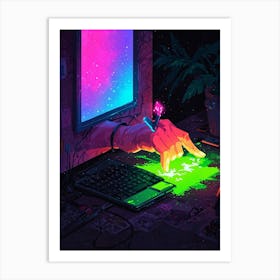 Neon Hand On A Computer Art Print