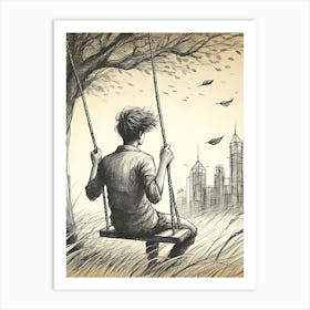 Moody Man on Swing Sketch 14 Art Print