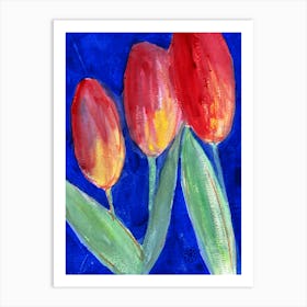 Tulips On Blue - red blue green floral flowers vertical Art Print