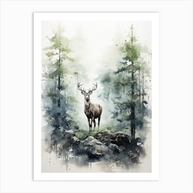 Deer, Japanese Brush Painting, Ukiyo E, Minimal 4 Art Print