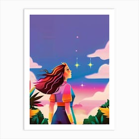 Luxmango Bold Woman Looking At Stars And Sky, Charecter Illustration Art Print