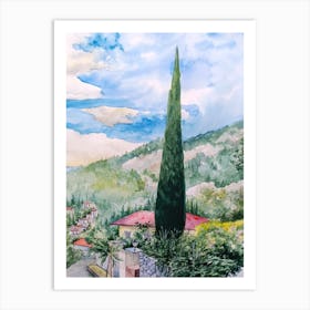 Cypress Tree and Greek Village Art Print