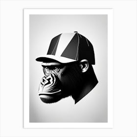 Gorilla In Baseball Cap Gorillas Black & White Geometric 1 Art Print