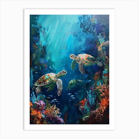Sea Turtles With A Coral Reef Expressionism Style Painting 4 Art Print