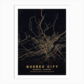 Quebec City Quebec Canada Black And Gold Map Art Print