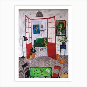 Acrylic painting of a room with a red door Art Print