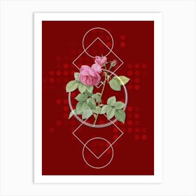 Vintage Pink Bourbon Roses Botanical with Geometric Line Motif and Dot Pattern Art Print