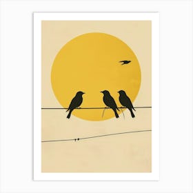 Silhouette Of Birds On Wire Art Print