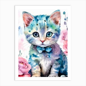 Blue Kitten With Pink Roses Art Print