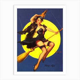 Pinup Girl Riding A Broom On The Big Yellow Moon Art Print