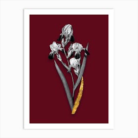 Vintage Elder Scented Iris Black and White Gold Leaf Floral Art on Burgundy Red n.1200 Art Print