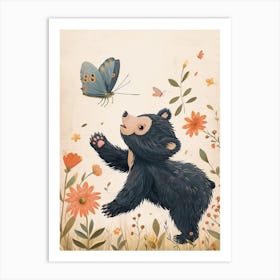 Sloth Bear Cub Chasing After A Butterfly Storybook Illustration 4 Art Print