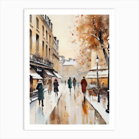 Paris cafes, winter season, Christmas, autumn oil colors, pale colors, pedestrians in the street, winter clothes, falling snow.Christmas decorations.5 2 Art Print