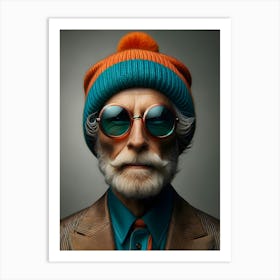 Portrait Of An cool Old Man with beanie and sunglasses Art Print