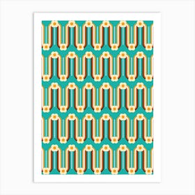 Retro Wavy Rainbows And Flowers Teal, Orange, Chocolate Art Print