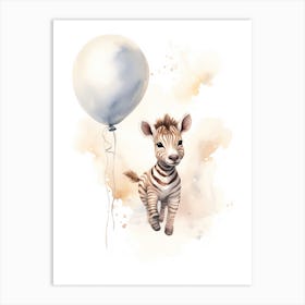 Baby Zebra Flying With Ballons, Watercolour Nursery Art 4 Art Print