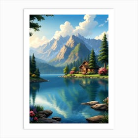 Lake Cabin In The Mountains Art Print