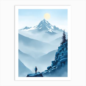 Lone Traveller Standing On A Rock Watching Sun In Sky Vast Mountain Valley Art Print