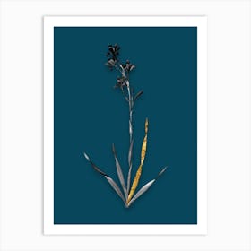 Vintage Bugle Lily Black and White Gold Leaf Floral Art on Teal Blue n.0494 Art Print