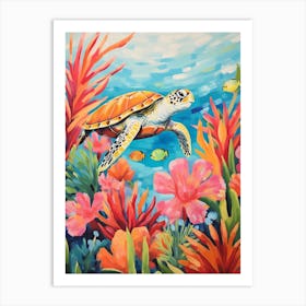 Pastel Sea Turtle With Tropical Flowers Art Print