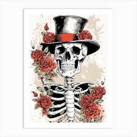 Floral Skeleton With Hat Ink Painting (4) Art Print