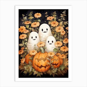 Cute Bedsheet Ghost, Botanical Halloween Watercolour 113 Art Print