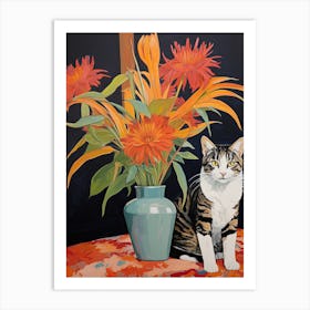 Lily Flower Vase And A Cat, A Painting In The Style Of Matisse 2 Art Print