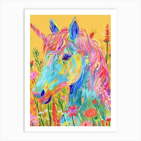 Colourful Unicorn Folky Floral Fauvism Inspired 3 Art Print