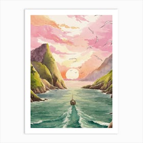 Watercolor Of A Boat At Sunset Art Print