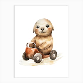 Baby Seal On A Toy Car, Watercolour Nursery 2 Art Print