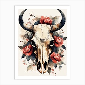 Vintage Boho Bull Skull Flowers Painting (64) Art Print