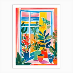 Colorful living room with a window overlooking the Mediterranean Poster