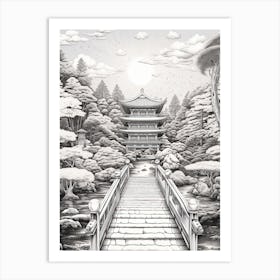 Ise Grand Shrine In Mie, Ukiyo E Black And White Line Art Drawing 4 Art Print