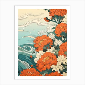 Great Wave With Marigold Flower Drawing In The Style Of Ukiyo E 1 Art Print